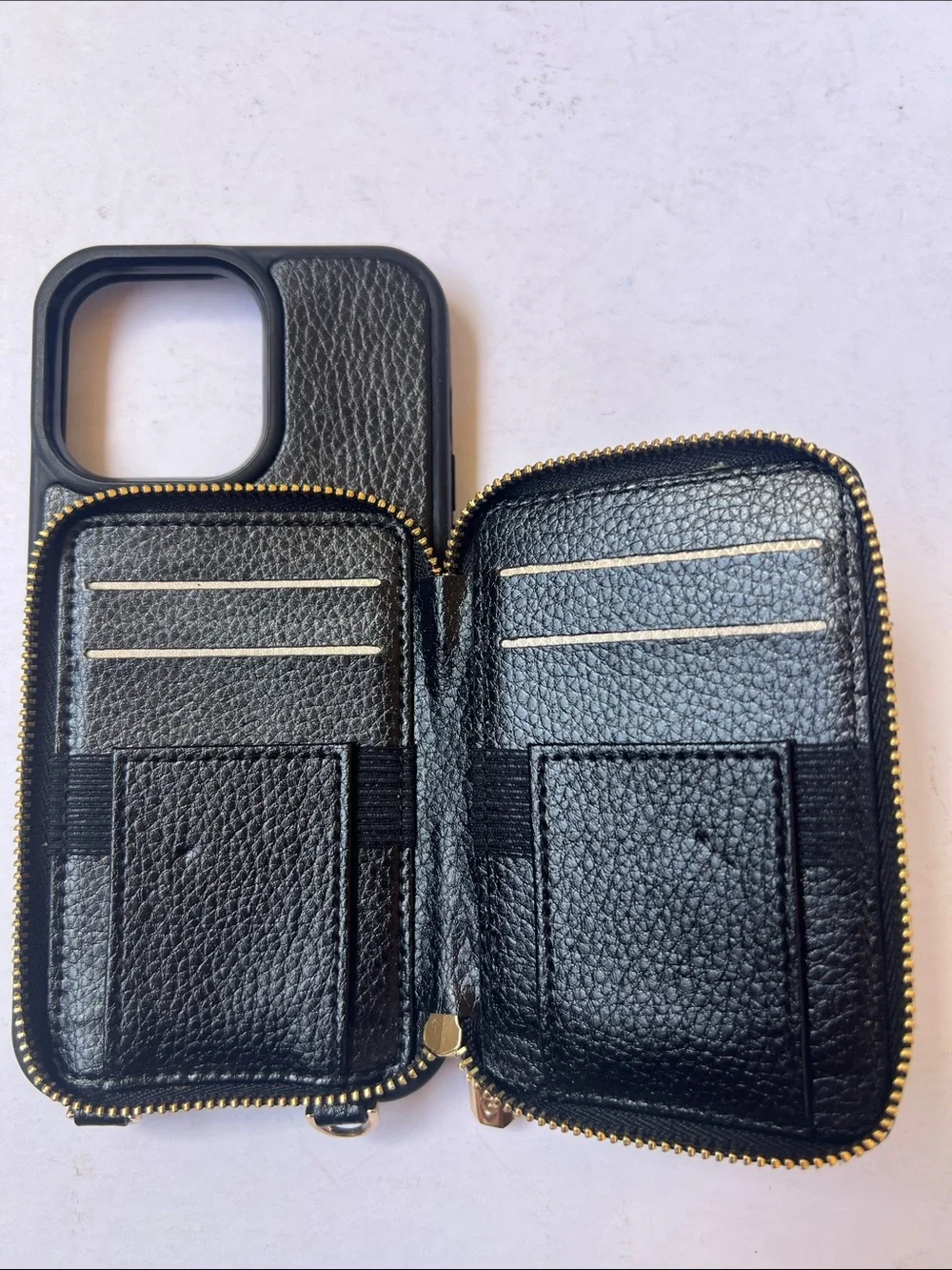 Black Leather Zipper Wallet Phone Case with Gold Accent